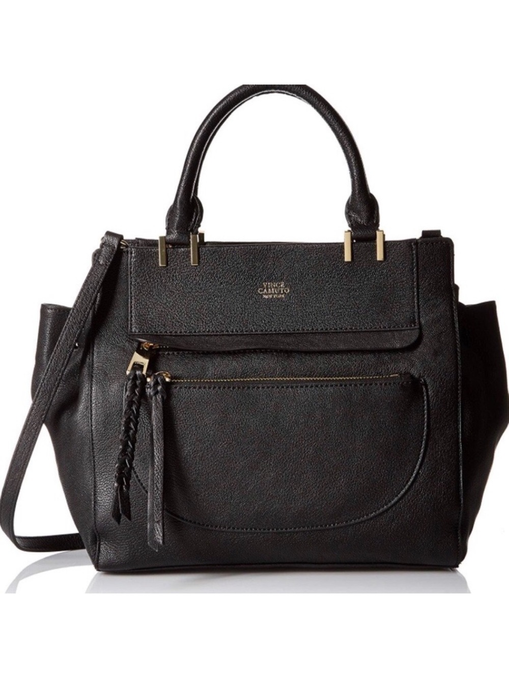 Vince Camuto Ayla Satchel Black Pebbled Leather with Braided Tassel